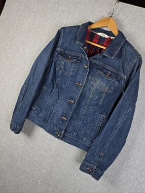 L.L. BEAN Womens Flannel Lined Denim Trucker Jacket Blue Sz L